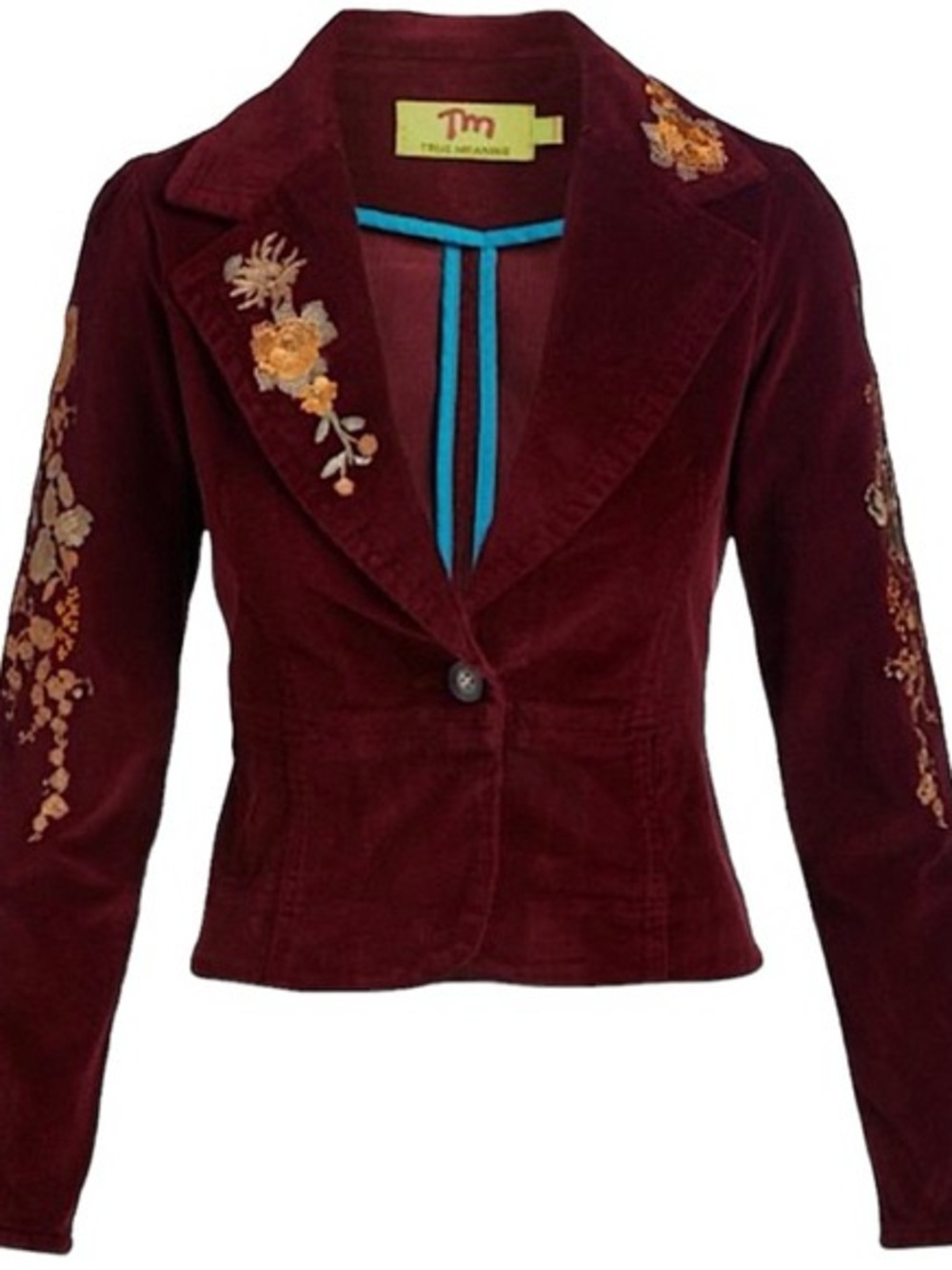 True Meaning Burgundy Velvet Blazer with Gold Floral Embroidery